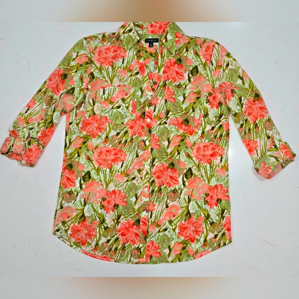 Talbots Floral Buttondown Blouse 1/4 Sleeve Or Long Sleeve 2 Pockets Collared S
